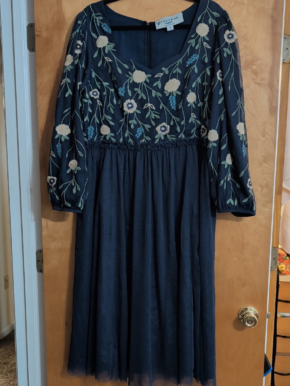 Jessakae Navy Floral Embroidered Long-Sleeve Midi Dress